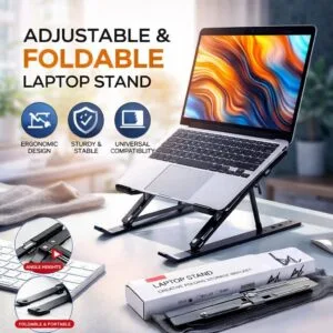 Aluminum Adjustable Laptop Stand – 6 Levels Height with 6 adjustable height levels on a desk.