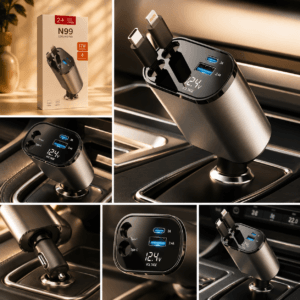All in 1 car charger with dual USB ports and sleek design in a car interior.