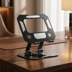 360 Rotating Foldable Metal Tablet & Mobile Standon a wooden desk.