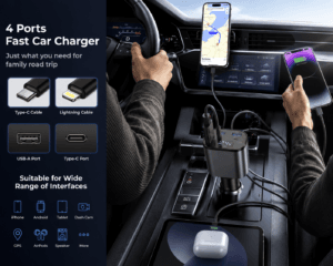Faster car charger with 4 ports in a vehicle, charging multiple devices.