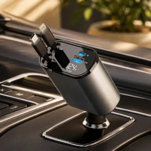 Real car charger with dual USB ports in a sleek design for easy charging.