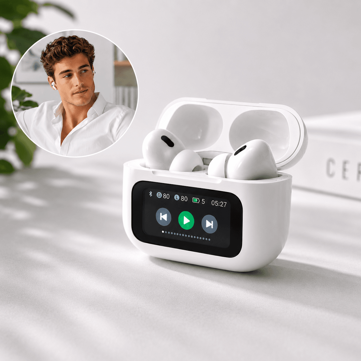 A9 Pro Display Earbuds in white charging case with touchscreen interface.