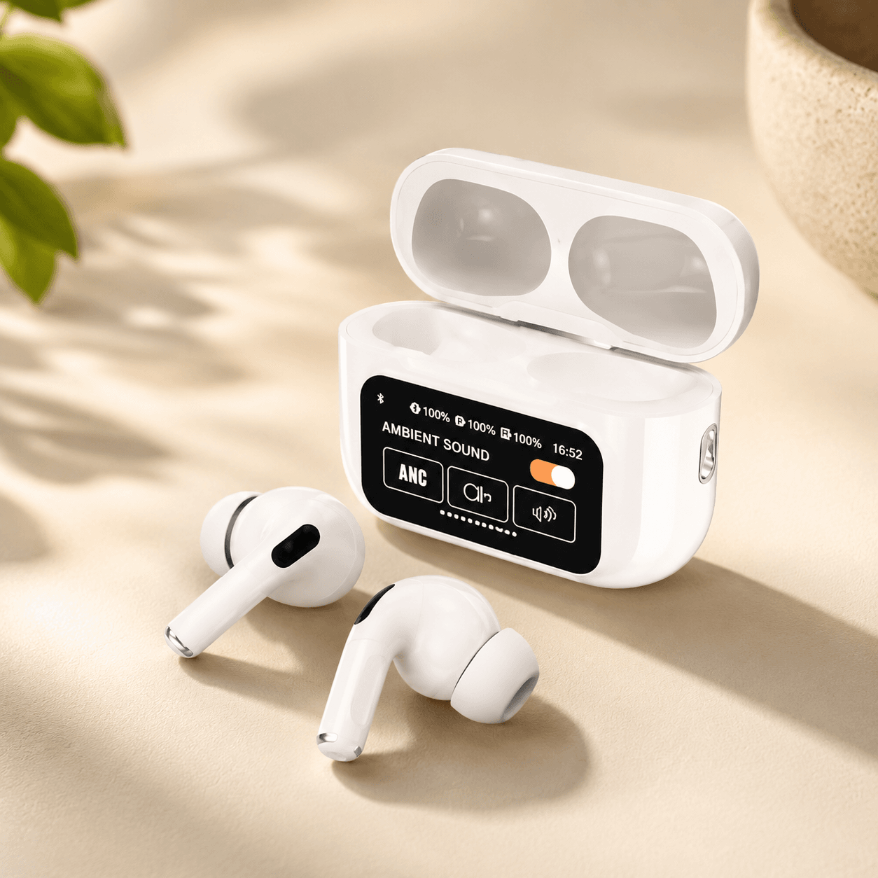 A9 Pro Display Earbuds in white with charging case showing ambient sound feature.