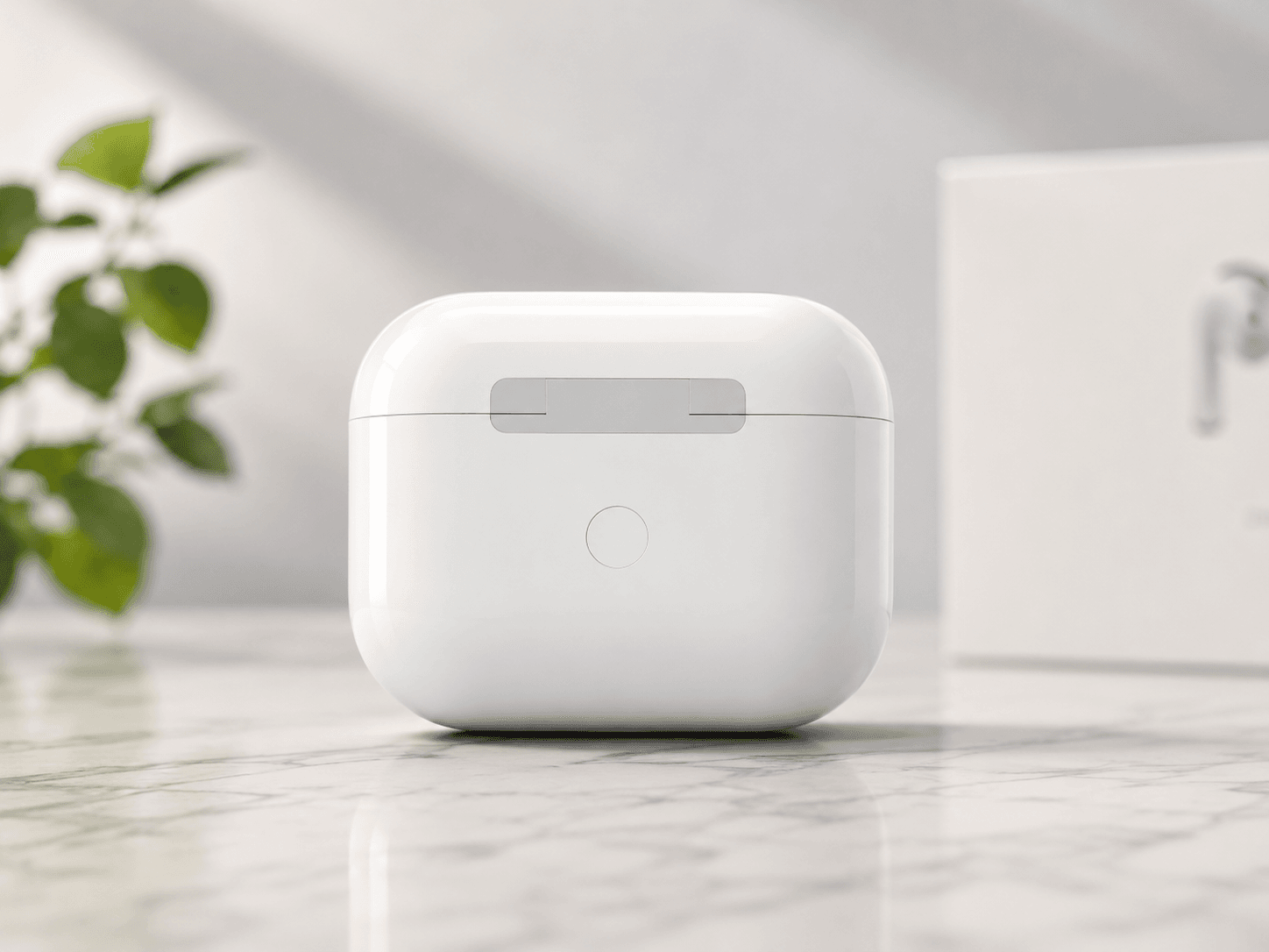 A9 Pro Display Earbuds charging case in white on a marble surface.