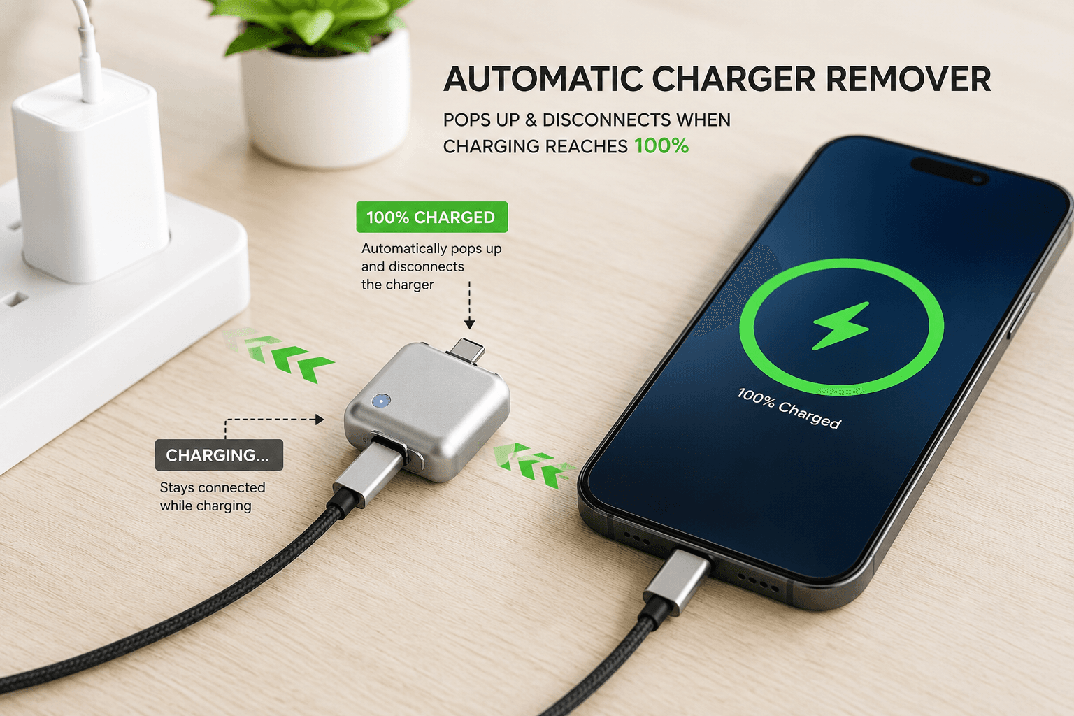 Automatic charger remover disconnects when charging reaches 100%.