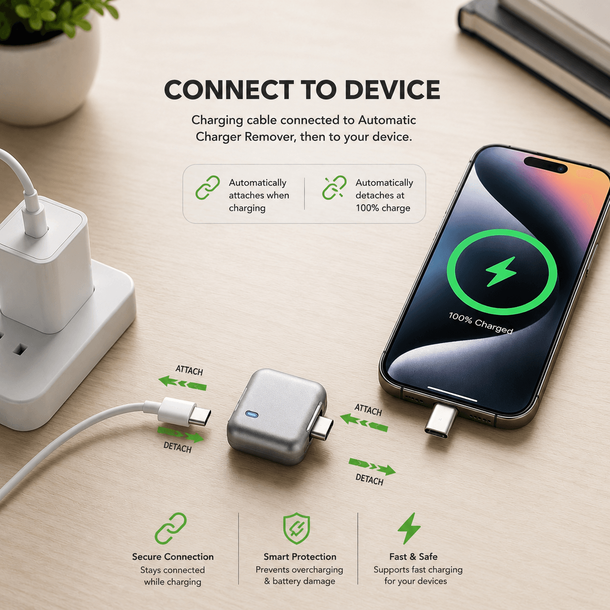 Automatic Charger Remover connected to a travel charger and smartphone.