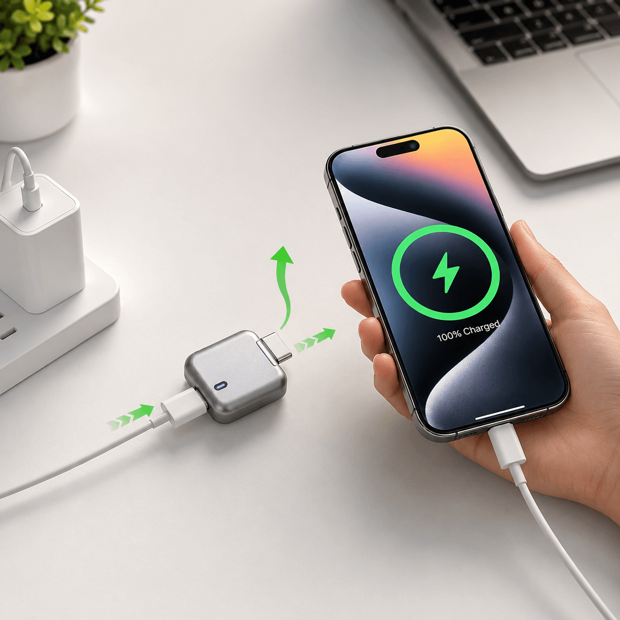 Autopop charger ejector in use with a smartphone, showing 100% charged status.