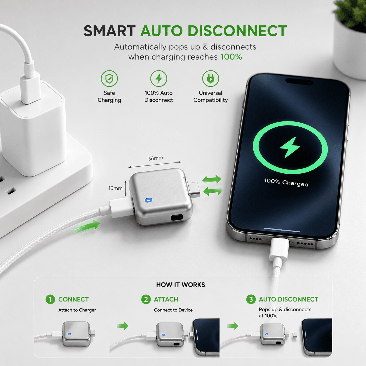 Charger Autopop with smart auto disconnect feature for safe charging.