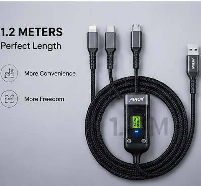 Airox 100W 3-in-1 Fast Charging Cable with Digital Display, 1.2 meters long.