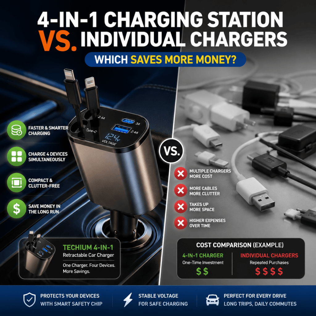 Techium 4-in-1 charging station for car, charges 4 devices simultaneously.