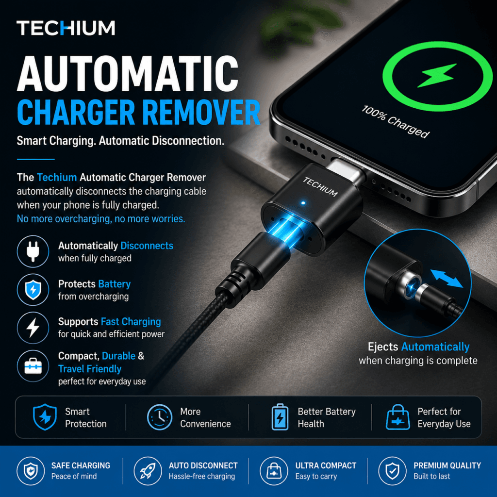 Techium Automatic Charger Remover disconnects charging cable when fully charged.