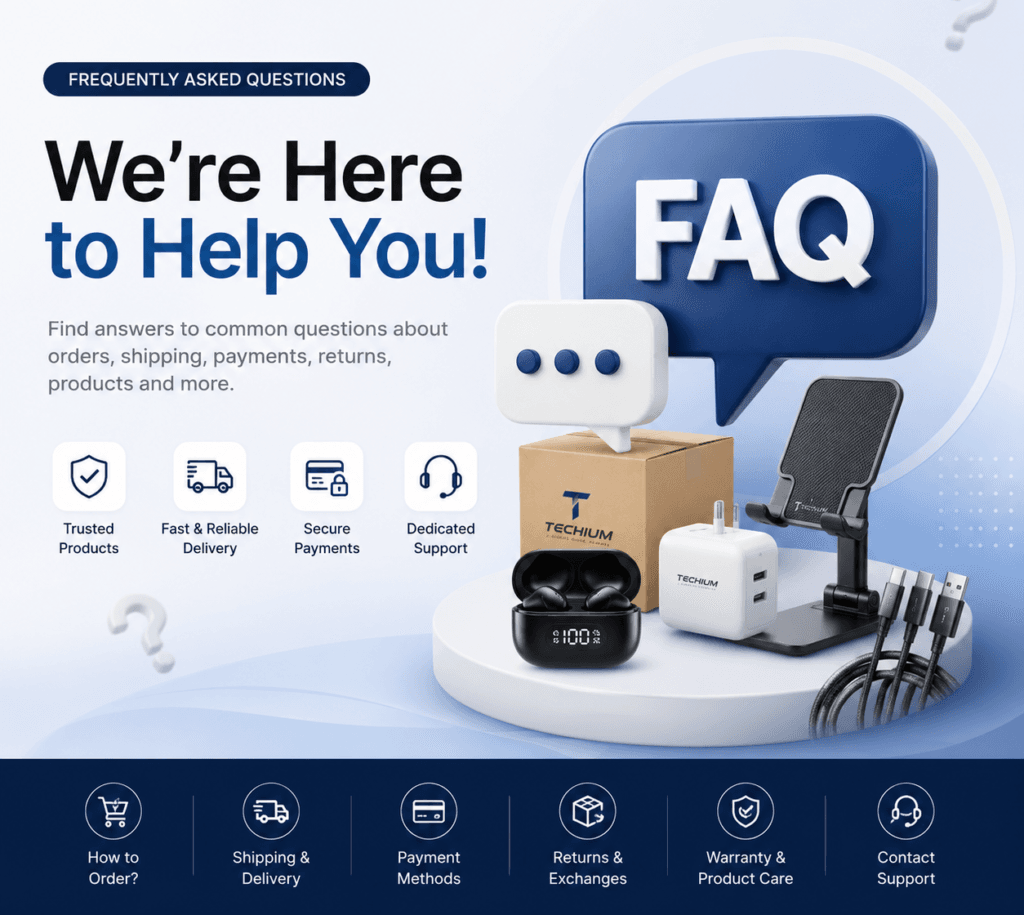 Techium FAQ banner with support information and product visuals.