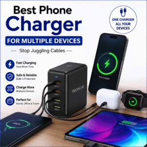 Black Techium multi-port wall charger charging a smartphone, tablet, earbuds, and smartwatch.